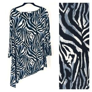 Chico's Women's Zebra Print Boat Neck Asymmetrical Tunic Top Black White Size XL